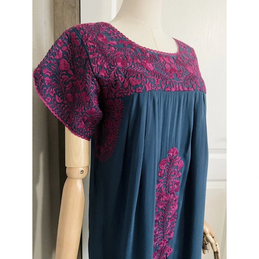 BuddyLove Buddy Love Embroidered Carolina Dress Navy Magenta Rayon Boho Size XS - Picture 7 of 16